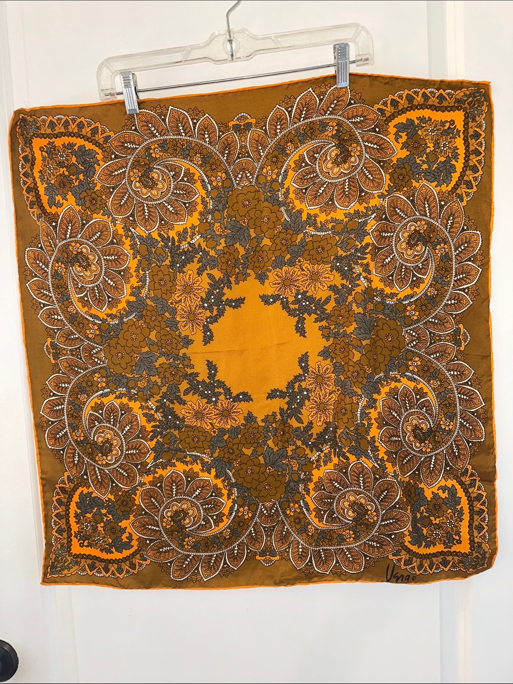 Vintage Vera Neumann Large Floral Paisley Square Scarf - Mustard, Orange & Brown